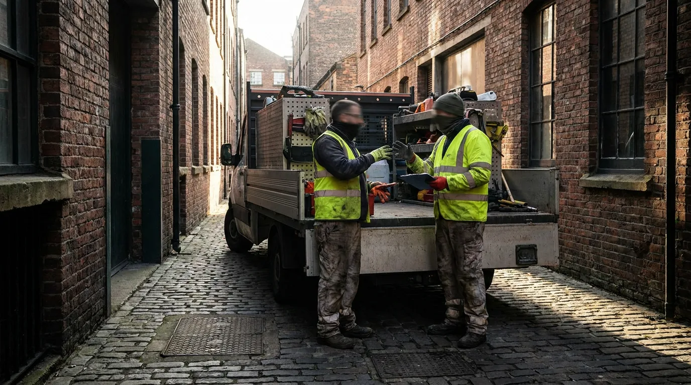 Delivery crew with a flatbed truck on a local street