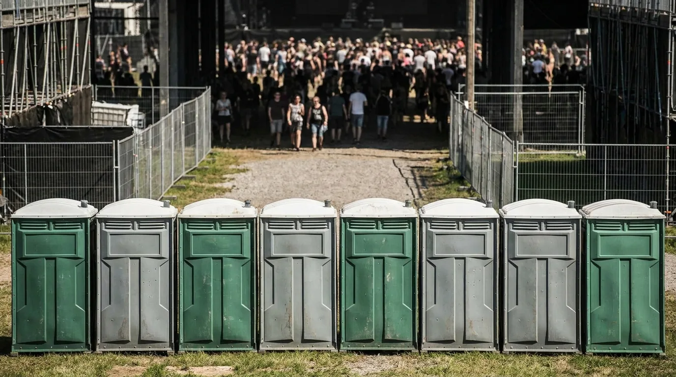Bank of portable restrooms set up for an outdoor event