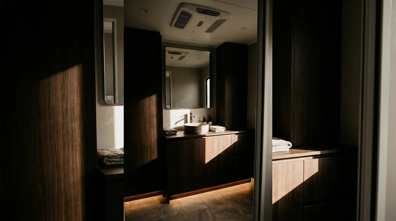 Interior of a climate-controlled restroom trailer